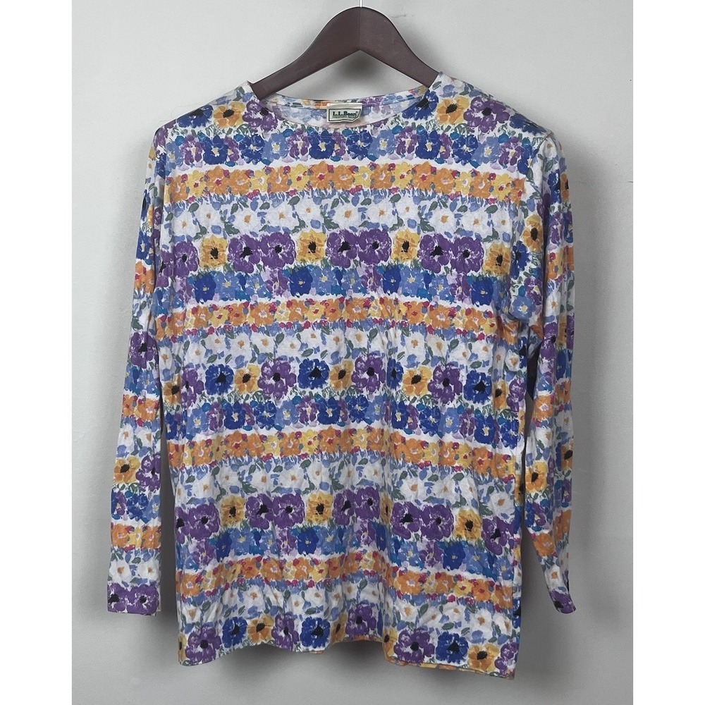 L.L. Bean Long Sleeve Floral Stripe Top Large Multi Cottagecore Whimsical Casual
